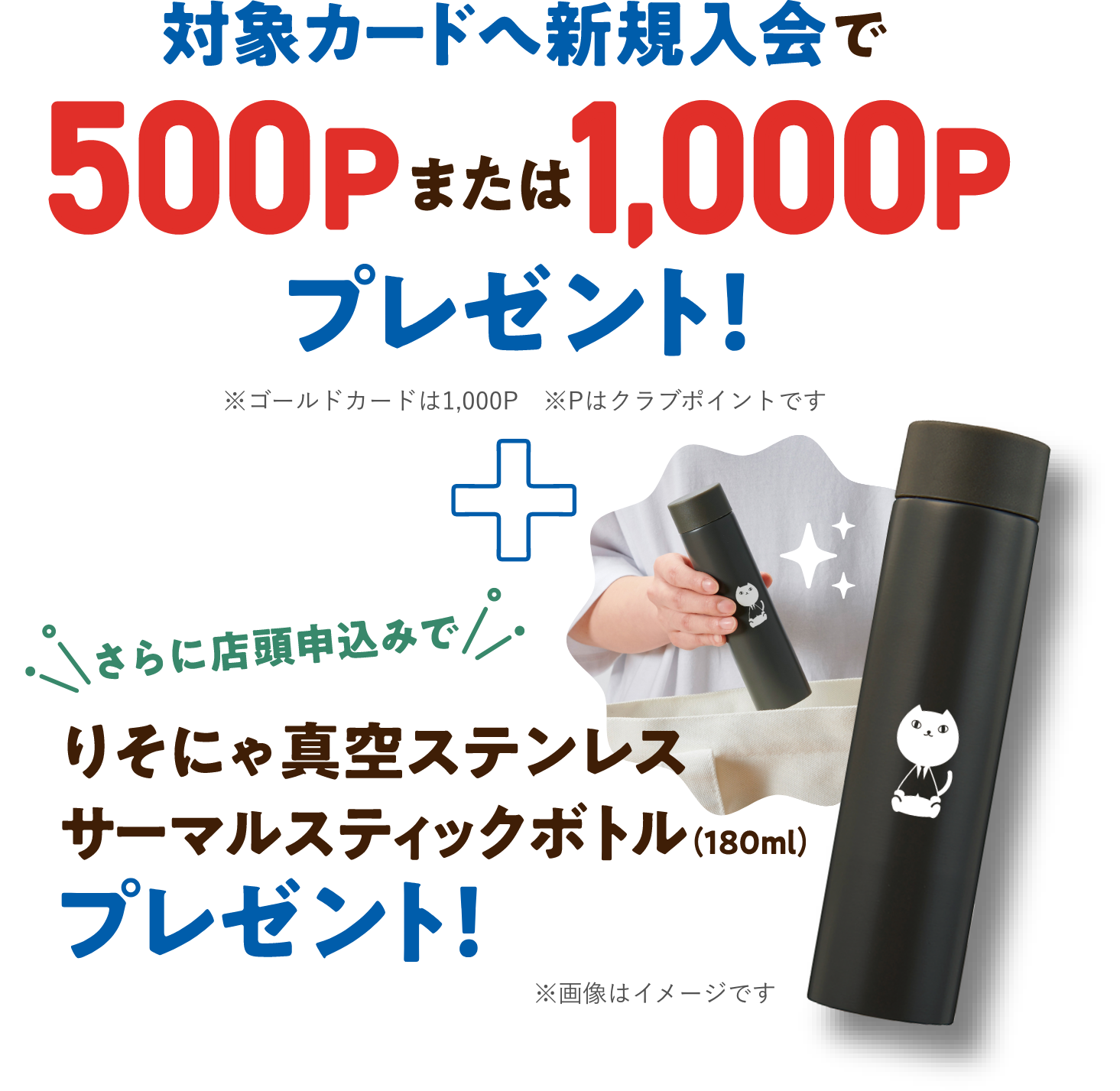 対象カードへ新規入会で500P または 1,000Pプレゼント! ※ゴールドカードは1,000P ※Pはクラブポイントです + さらに店頭申込みで りそにゃ真空ステンレスサーマルスティックボトル(180ml)プレゼント! ※画像はイメージです