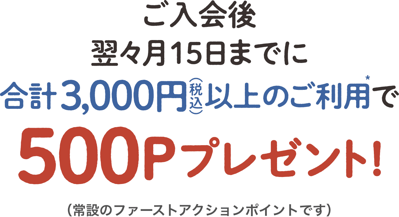 ご入会後翌々月15日までに合計3000円(税込)以上のご利用で500Pプレゼント! (常設のファーストアクションポイントです)