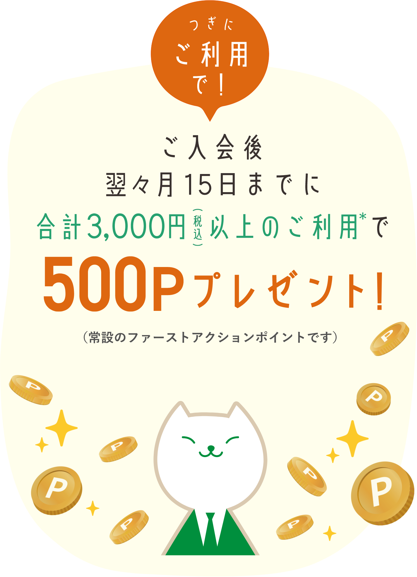 つぎにご利用で！ご入会後翌々月15日までに合計3,000円（税込）以上のご利用で500Pプレゼント！（常設のファーストアクションポイントです）