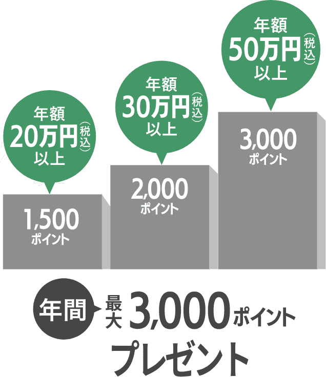 年額20万円（税込）以上1,500ポイント 年額30万円（税込）以上2,000ポイント 年額50万円（税込）以上3,000ポイント 年間最大3,000ポイントプレゼント