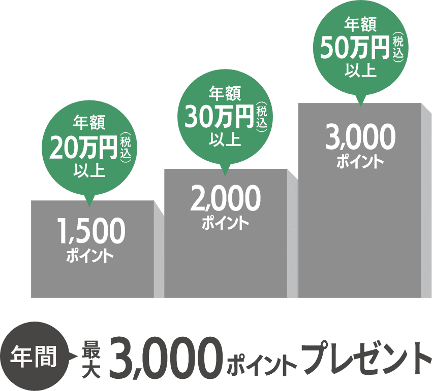 年額20万円（税込）以上1,500ポイント 年額30万円（税込）以上2,000ポイント 年額50万円（税込）以上3,000ポイント 年間最大3,000ポイントプレゼント