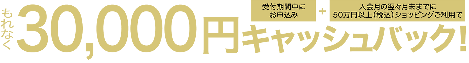 期間中にご入会+入会後３カ月間に50万円以上ショッピングご利用で もれなく30,000 円キャッシュバック!