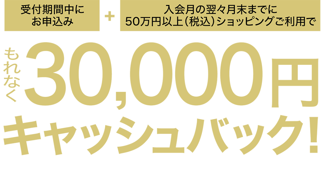 期間中にご入会+入会後３カ月間に50万円以上ショッピングご利用で もれなく30,000 円キャッシュバック!