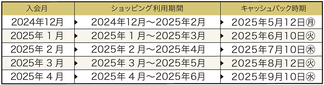 応諾時期 ショッピング利用期間 キャッシュバック時期