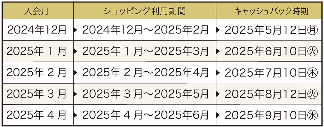 応諾時期 ショッピング利用期間 キャッシュバック時期