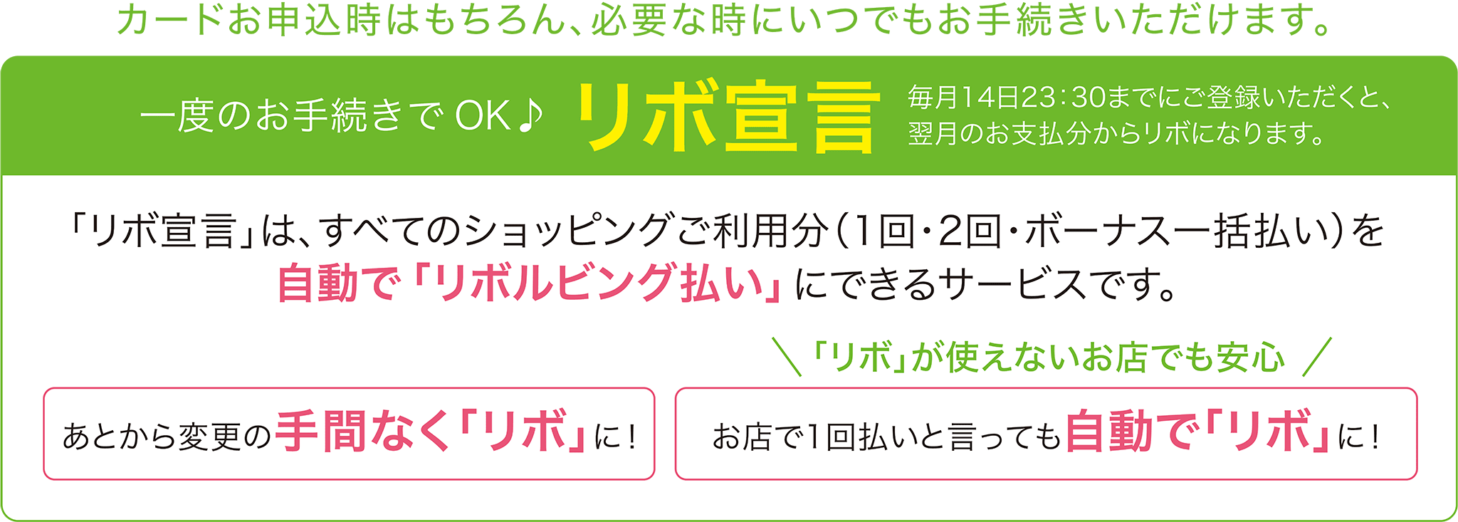 一度のお手続きでOK♪「リボ宣言」カードお申込時はもちろん、必要な時にいつでもお手続きいただけます。