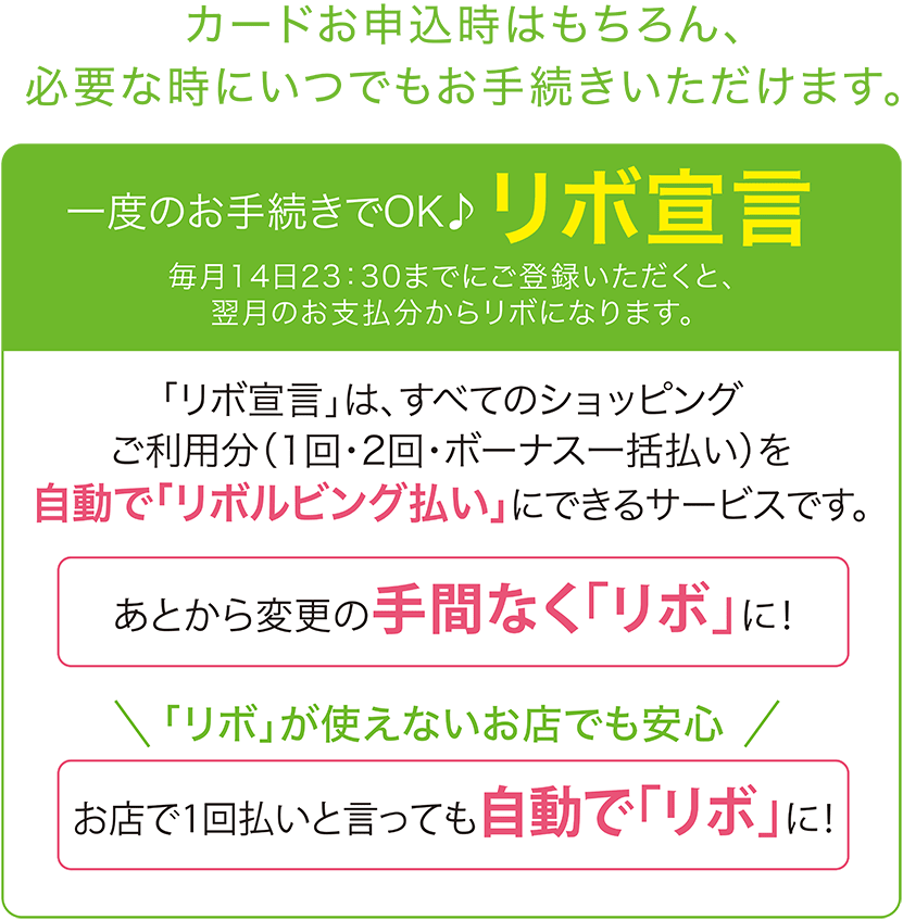 一度のお手続きでOK♪「リボ宣言」カードお申込時はもちろん、必要な時にいつでもお手続きいただけます。