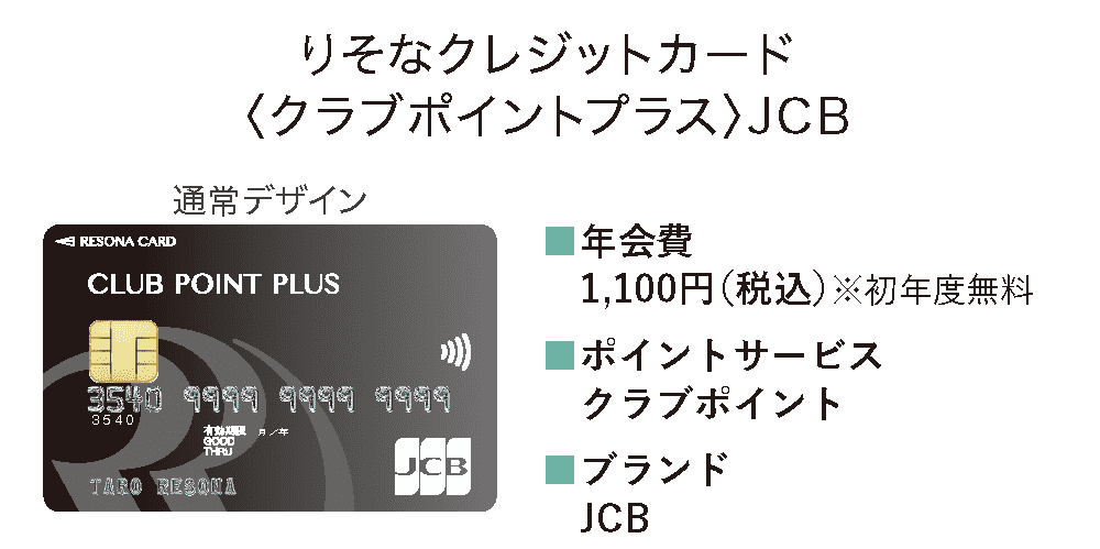 りそなクレジットカード〈クラブポイントプラス〉JCB|年会費:1,100円（税込）※初年度無料/ポイントサービス:クラブポイント/ブランド:JCB