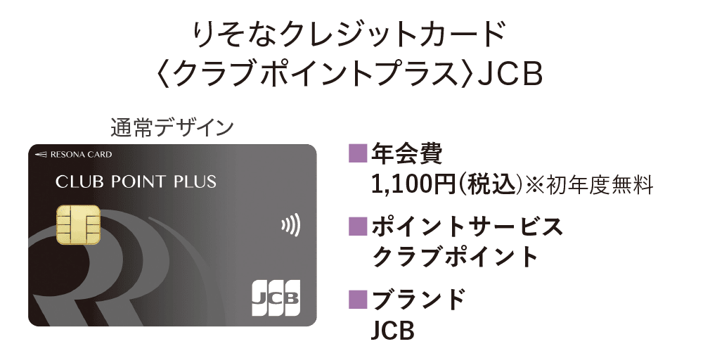 りそなクレジットカード〈クラブポイントプラス〉JCB|年会費:1,100円（税込）※初年度無料/ポイントサービス:クラブポイント/ブランド:JCB